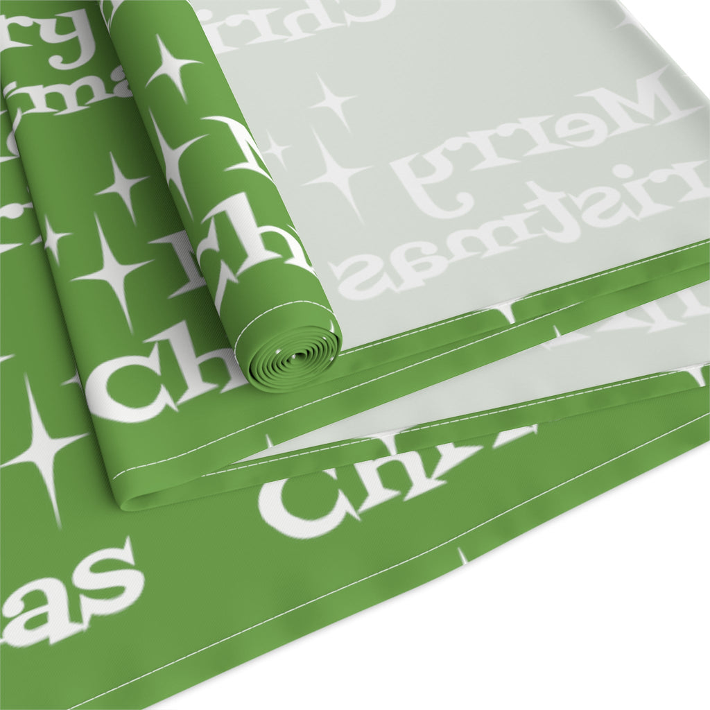 Merry Christmas Starburst Atomic Mid Century Retro Style Christmas Decor Green Cotton Poly Table Runner
