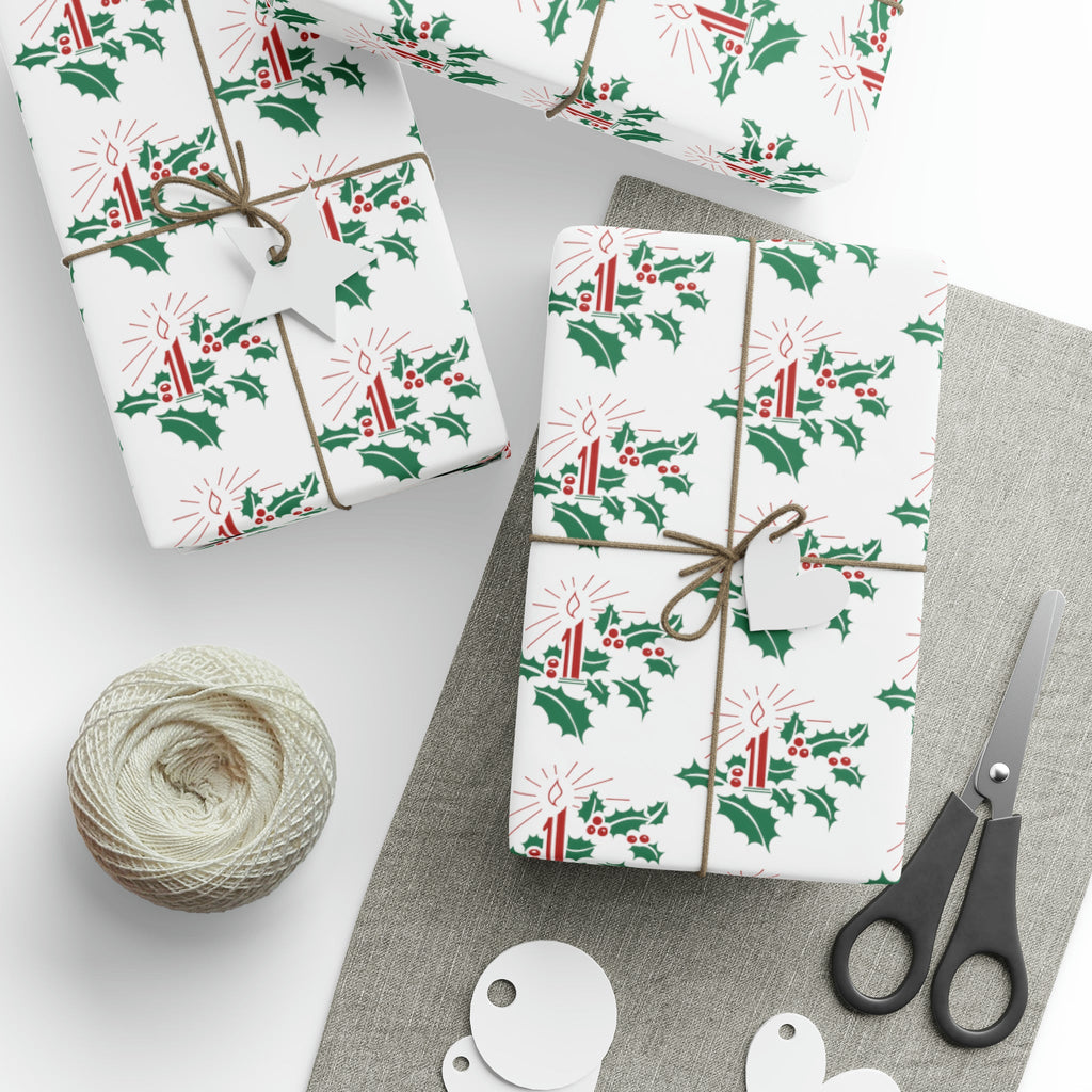Christmas Candles With Holly Mid Century Retro Christmas Print Holiday Gift Wrap Paper - Glossy Or Matte