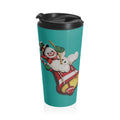 Cute Retro Snowman On Christmas Bell Mid Century Retro Christmas Print Turqoise Stainless Steel Travel Mug Tumbler 15oz