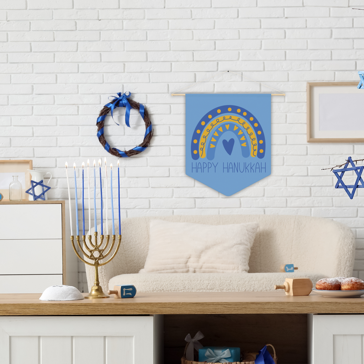 Happy Hanukkah Blue Wall Hanging Banner Flag