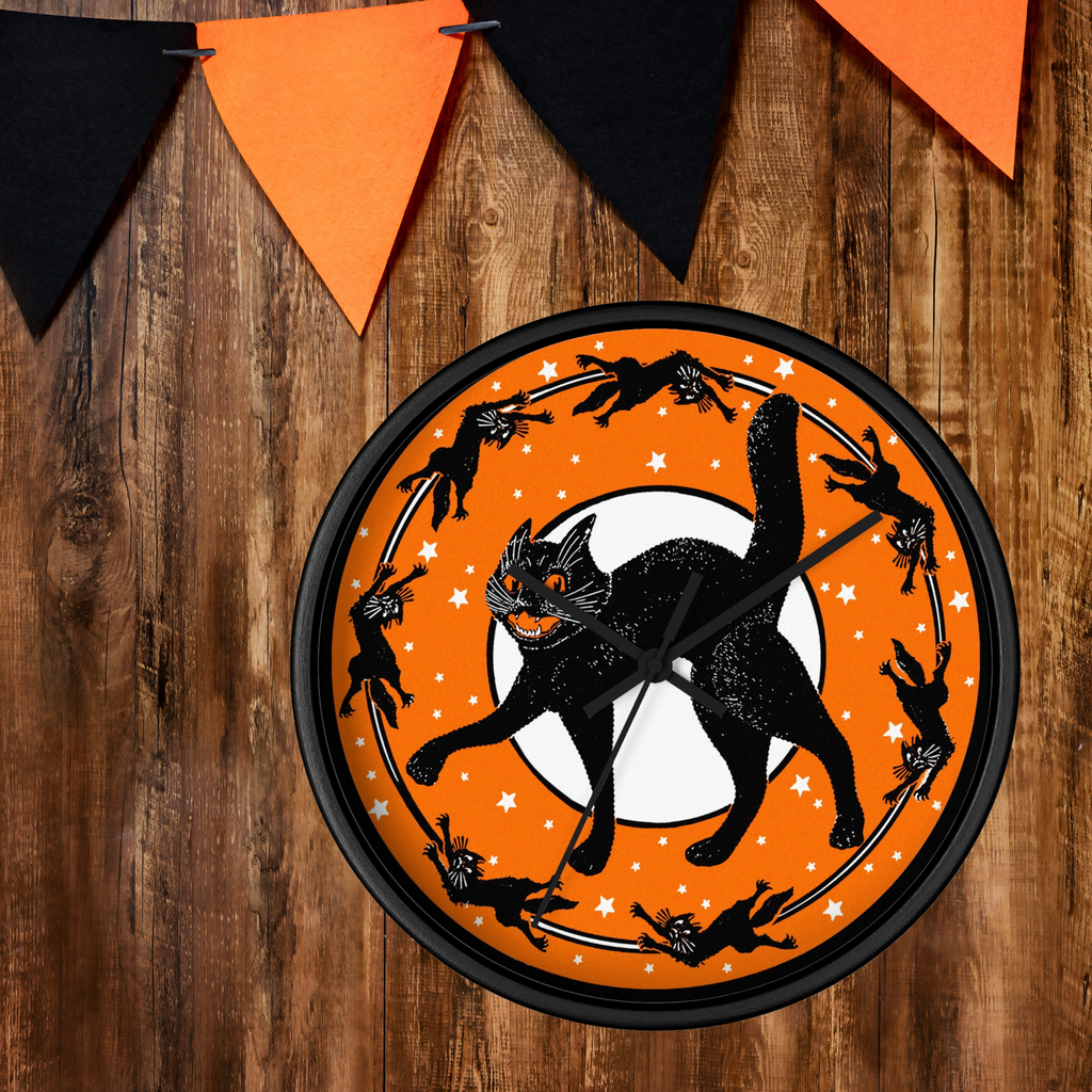 Black Cats Full Moon Stars Retro Halloween Black Wooden Wall Clock