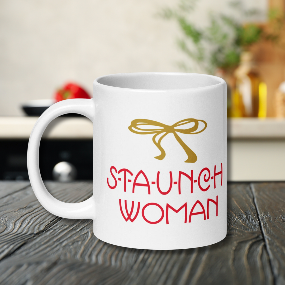 Little Edie Gold Bow Staunch Woman White Glossy Mug