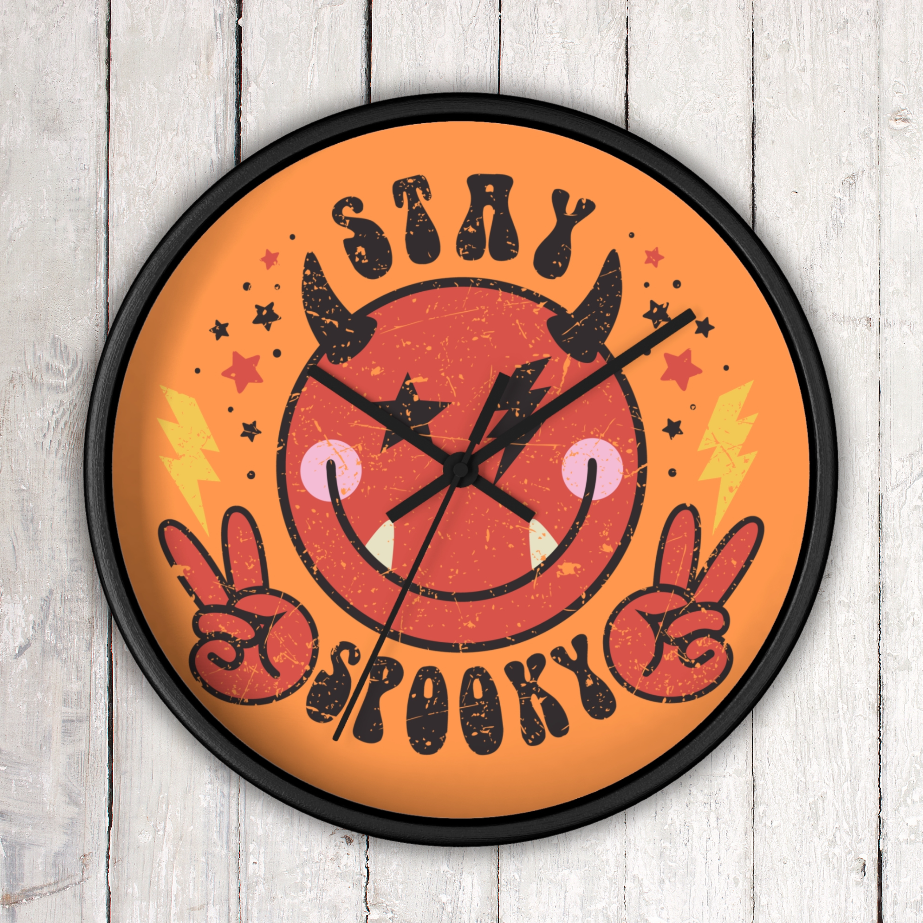 Stay Spooky Cute Devil Distressed Halloween Print Black Wall Clock