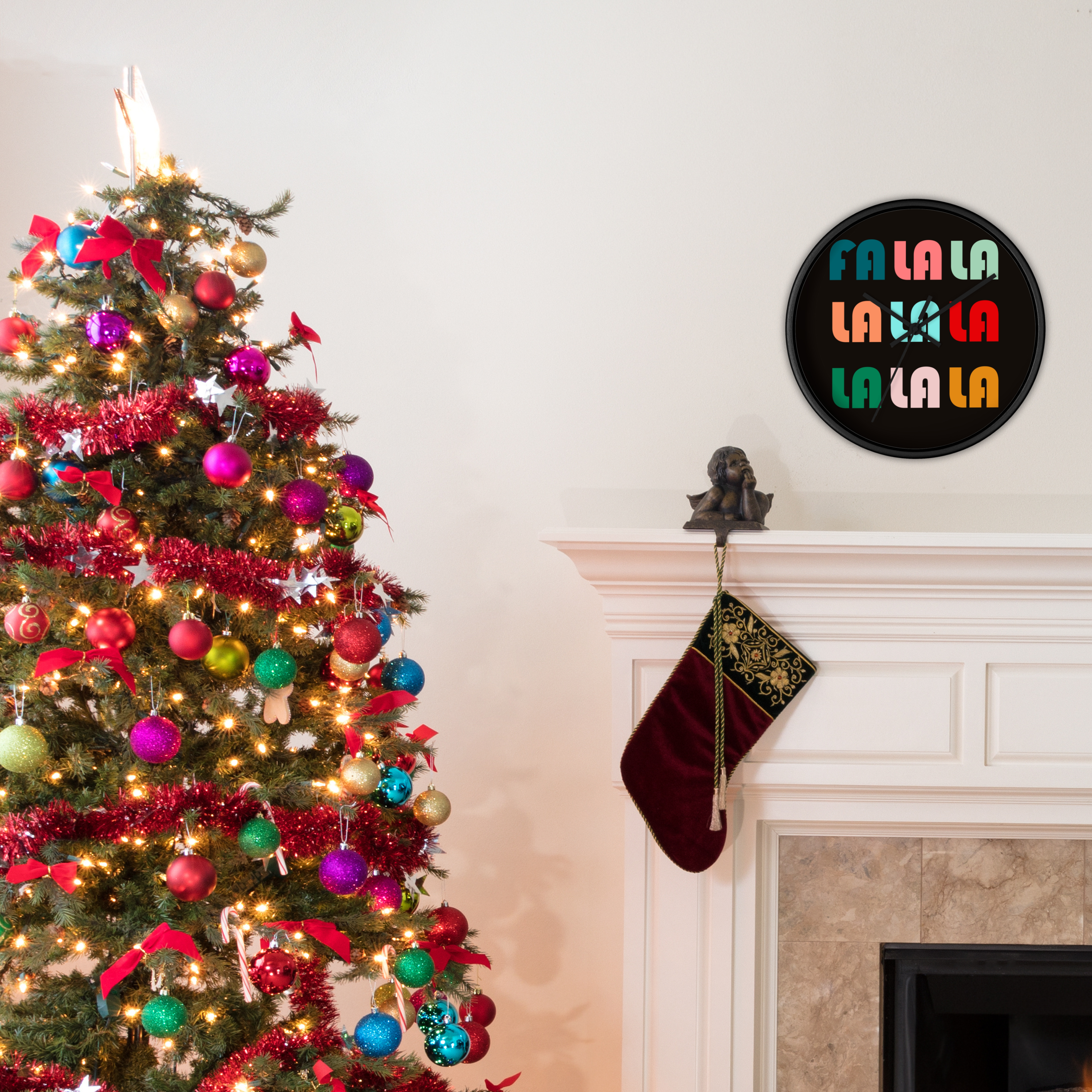 Fa La La La Christmas Retro Style Black Wooden Wall Clock