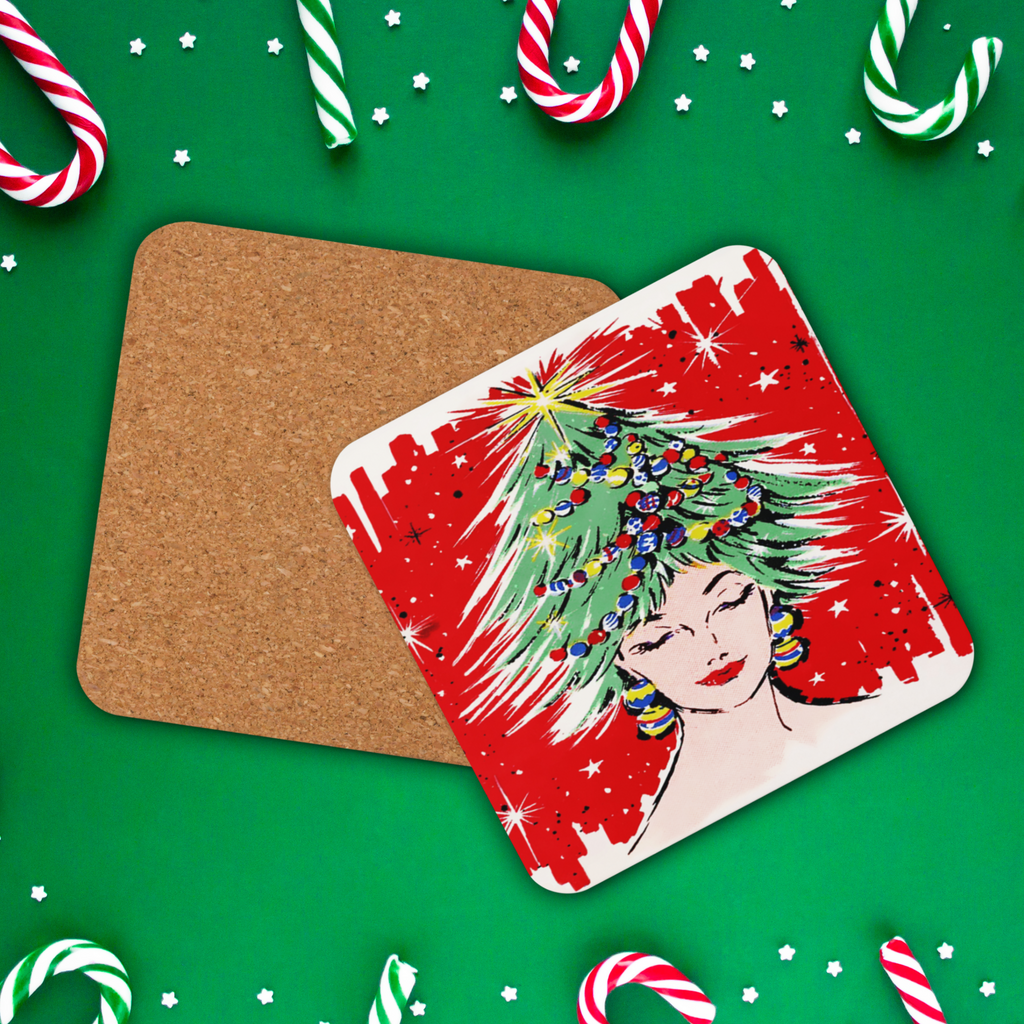 Christmas Tree Hat Lady Midcentury Retro Cork-back Coaster