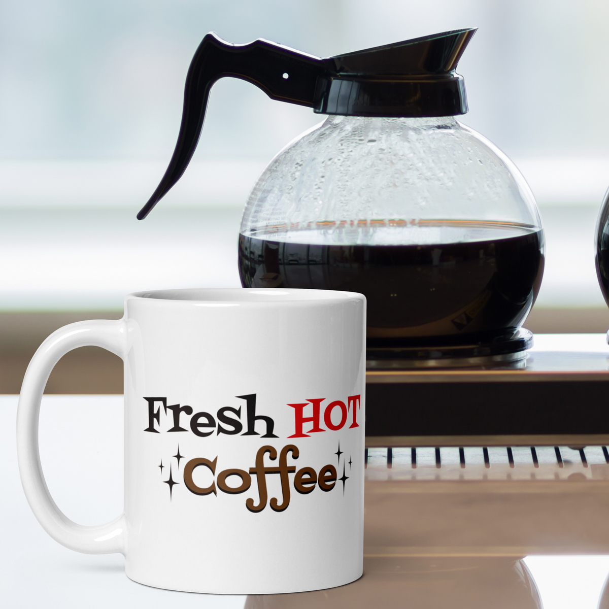 Fresh Hot Coffee Starburst Atomic Mid Century Retro Style White Glossy Coffee Mug