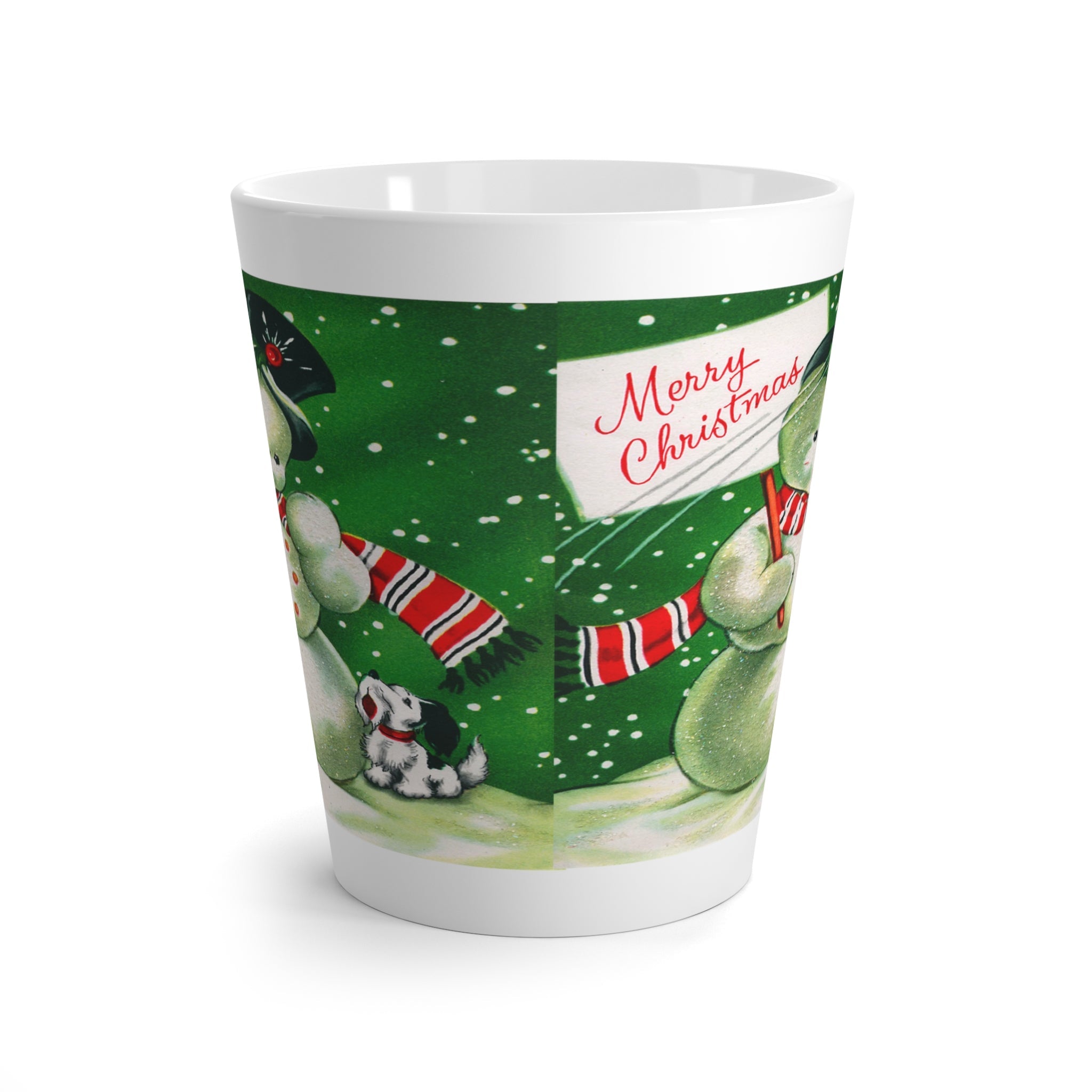 Merry Christmas Snowman With Bird Mid Century Retro Christmas Print Latte Mug