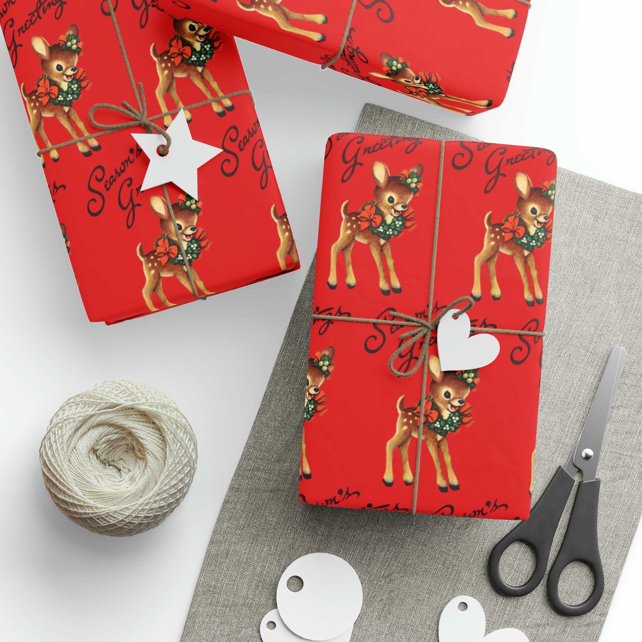 Season's Greetings Reindeer Wreath Retro Christmas Holiday Gift Wrap Paper - Glossy Or Matte