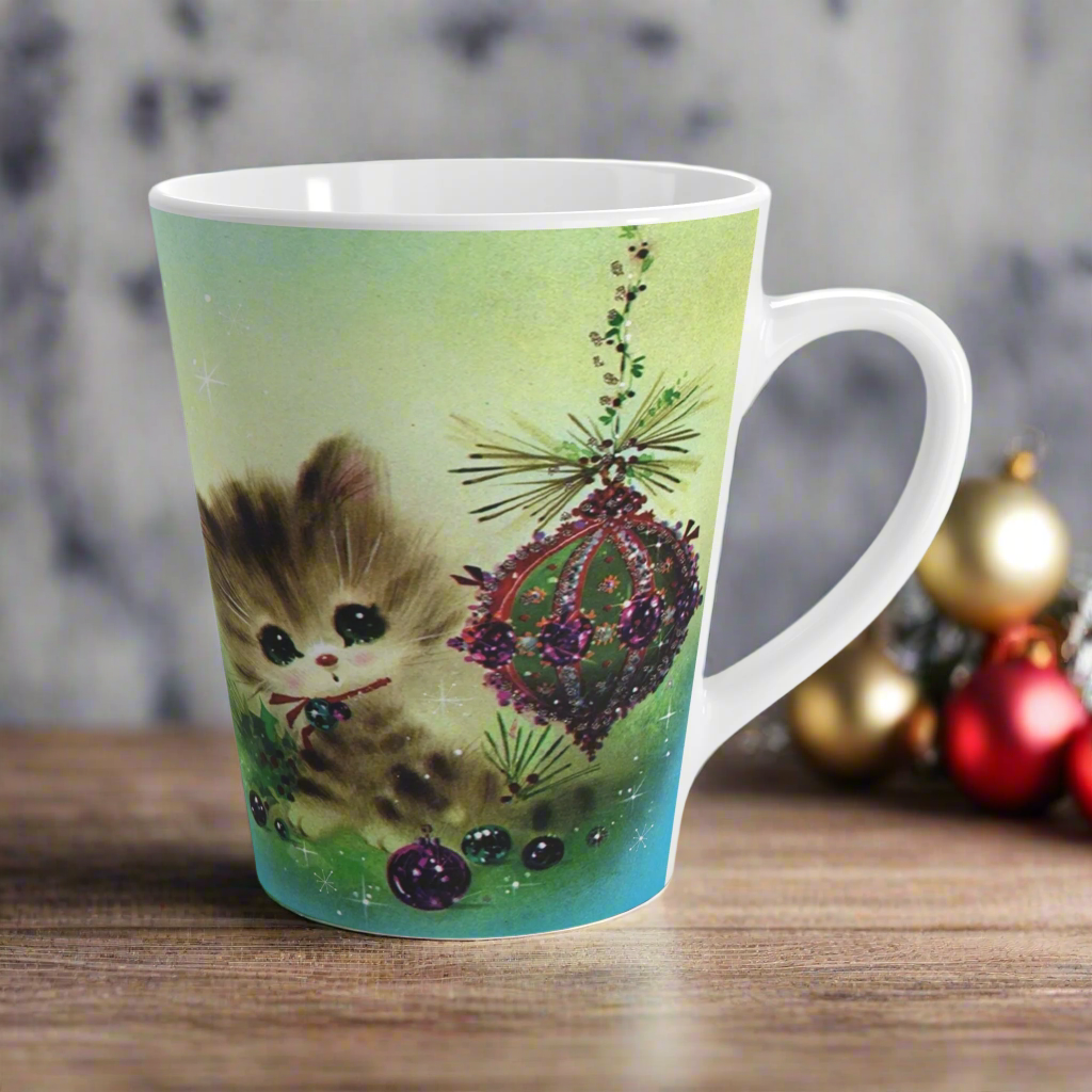 Christmas Kitten With Ornaments Retro Latte Coffee Mug