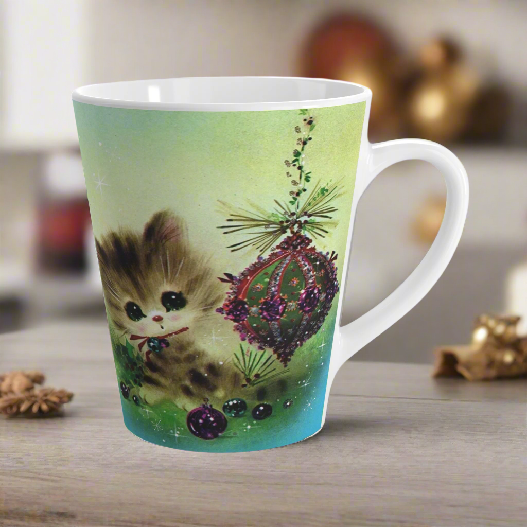Christmas Kitten With Ornaments Retro Latte Coffee Mug