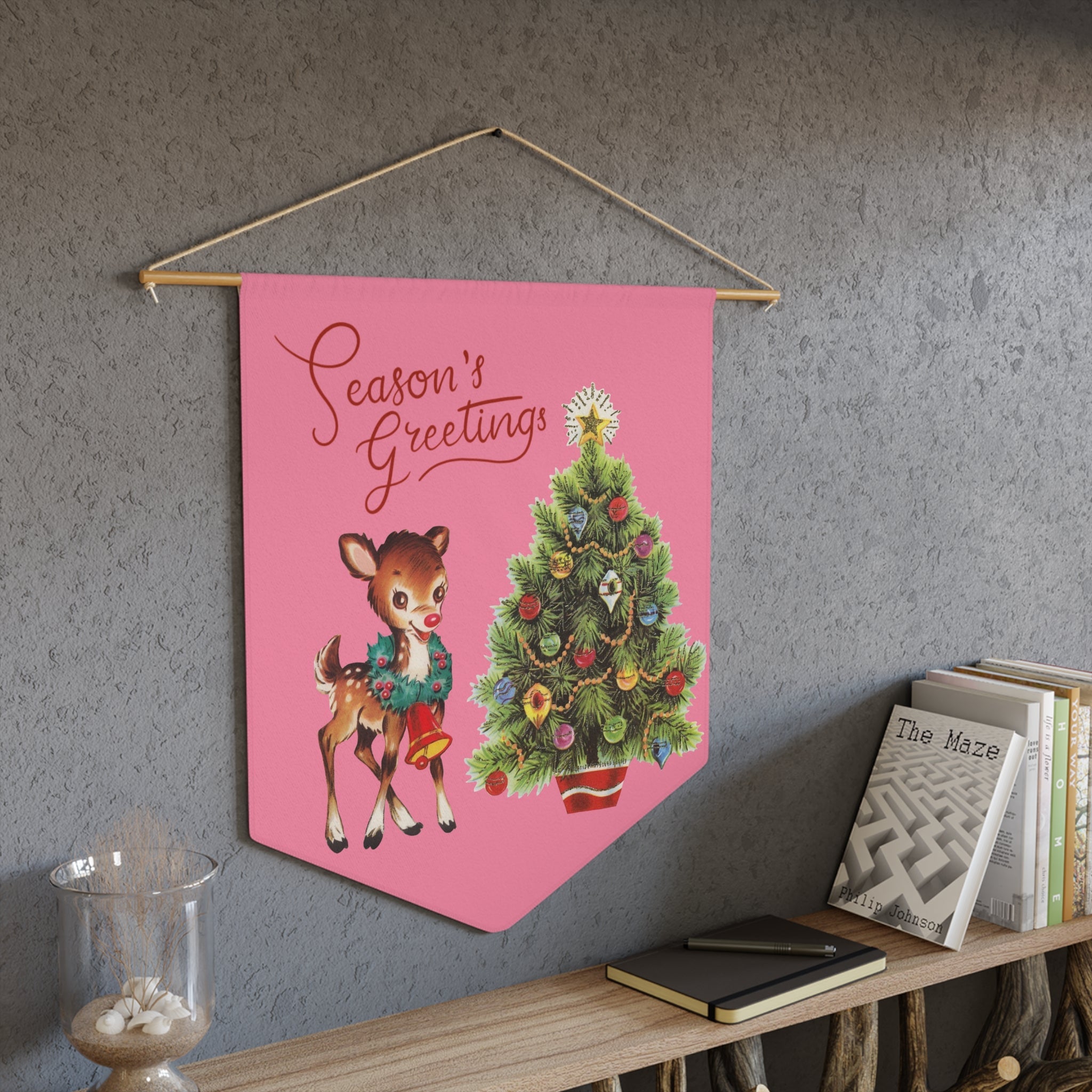 Season's Greetings Reindeer Tree Pink Mid Century Retro Christmas Print Wall Hanging Banner Flag