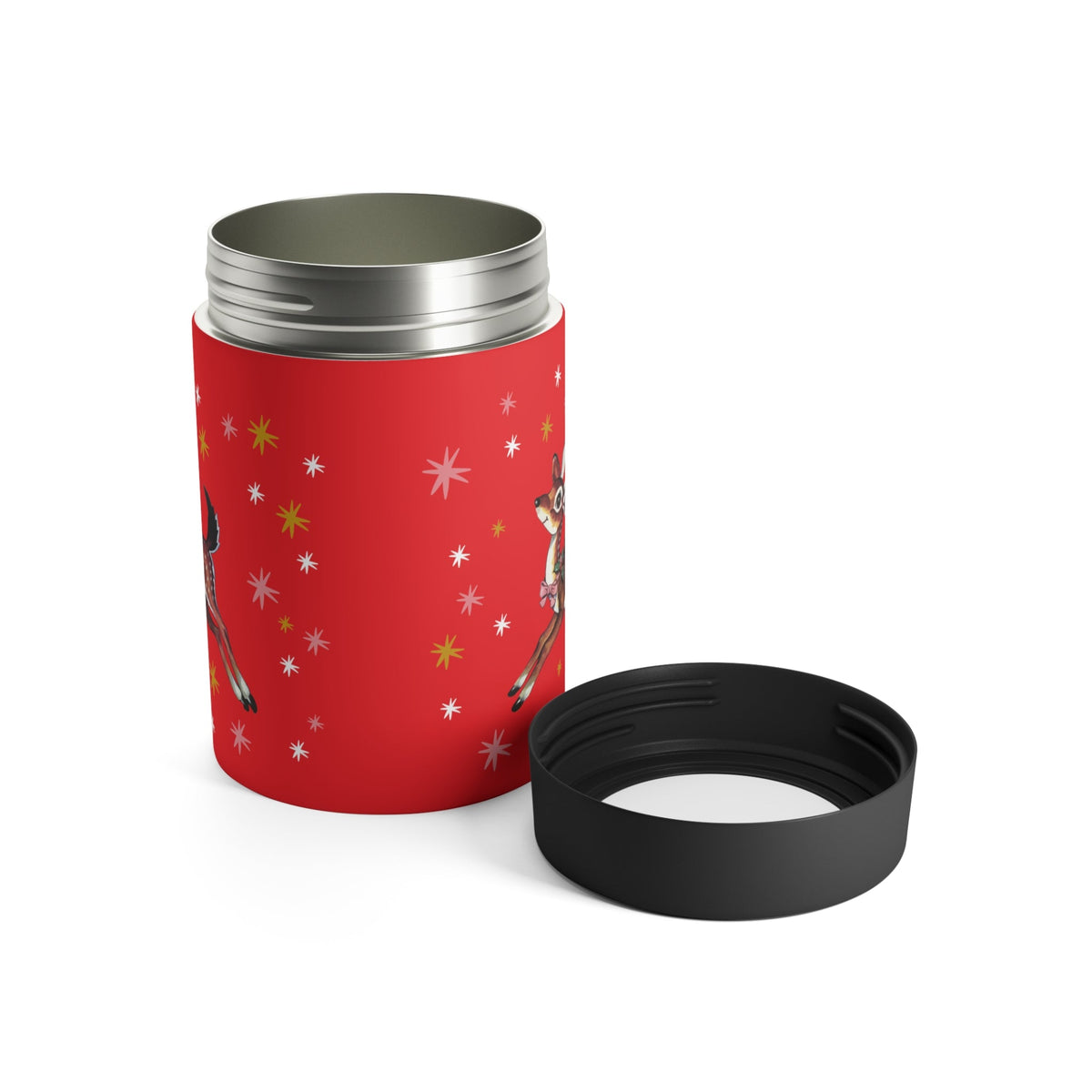 Reindeer Stars Mid Century Red Retro Christmas Print Stainless Steel Can Holder
