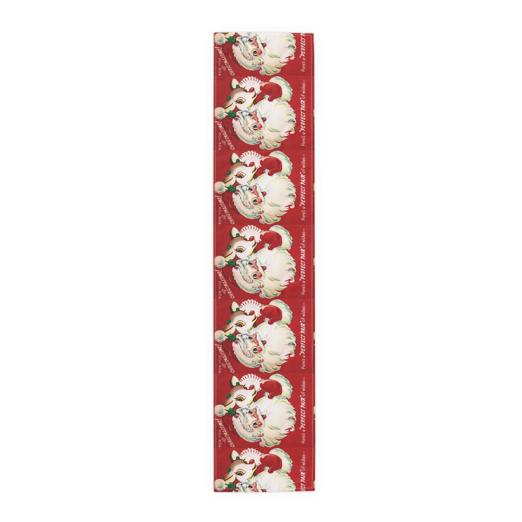 For You At Christmastime Santa And Rudolph Red Retro Christmas Print Home Decor Cotton Poly Table Runner