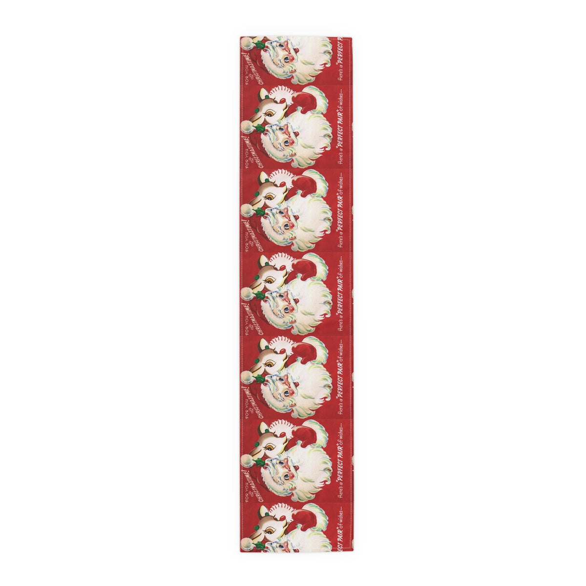 For You At Christmastime Santa And Rudolph Red Retro Christmas Print Home Decor Cotton Poly Table Runner