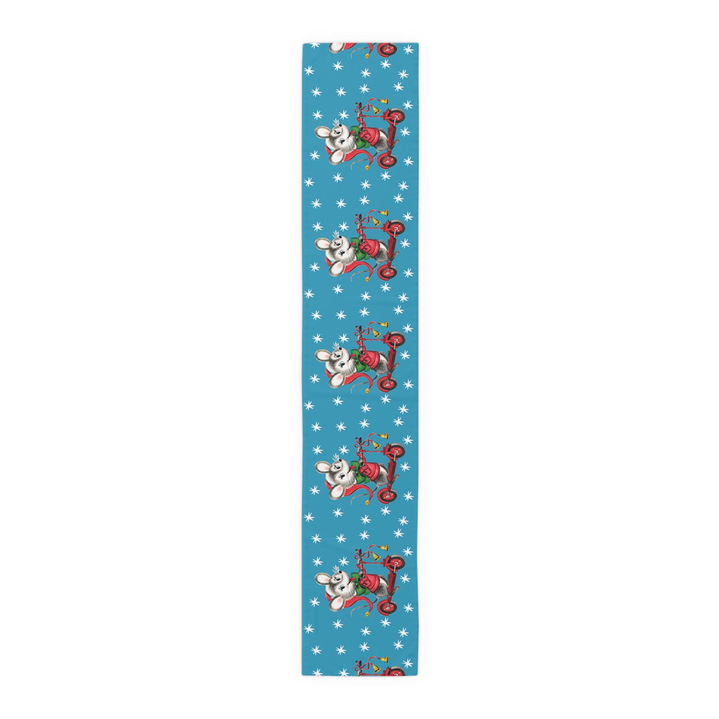 Christmas Mouse On Scooter Blue Mid Century Retro Christmas Print Home Decor Cotton Poly Table Runner