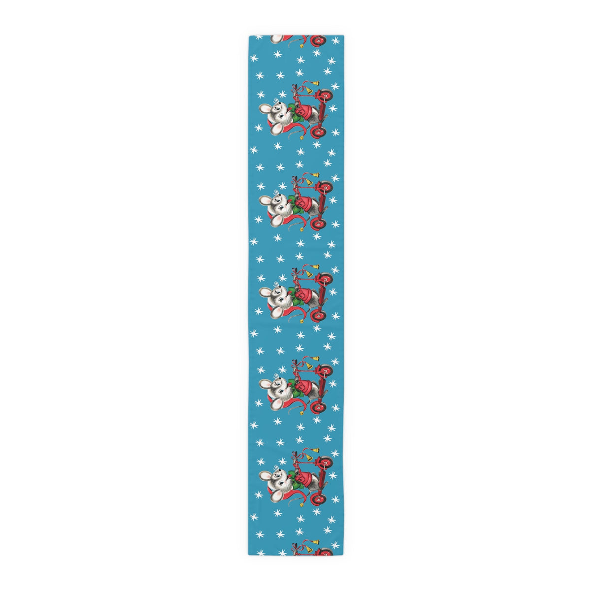 Christmas Mouse On Scooter Blue Mid Century Retro Christmas Print Home Decor Cotton Poly Table Runner
