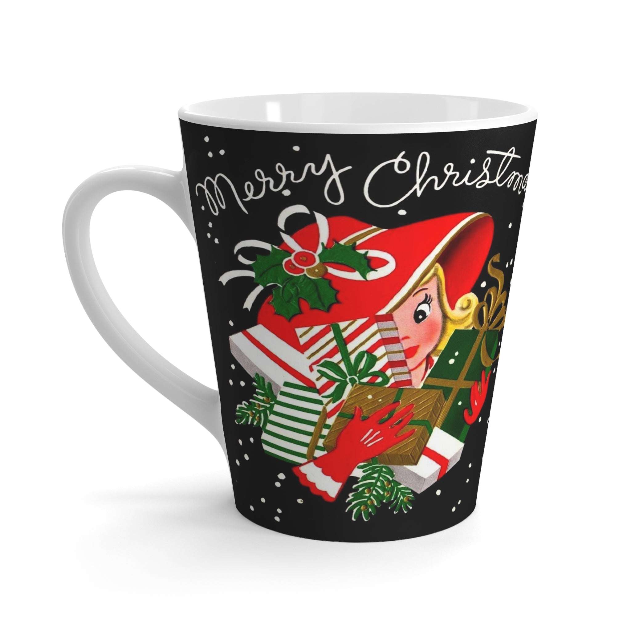 Merry Christmas Lady With Presents Retro Christmas Print Latte Coffee Mug