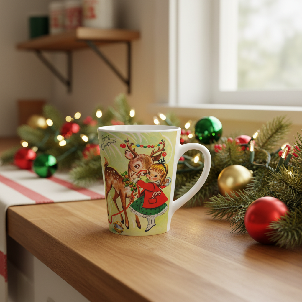 Merry Christmas Girl With Reindeer Retro Christmas Print Latte Coffee Mug