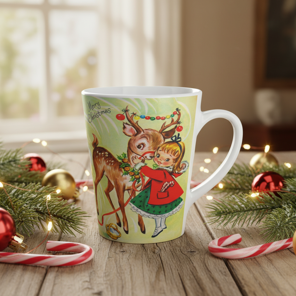 Merry Christmas Girl With Reindeer Retro Christmas Print Latte Coffee Mug