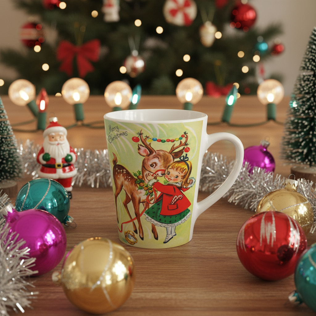 Merry Christmas Girl With Reindeer Retro Christmas Print Latte Coffee Mug