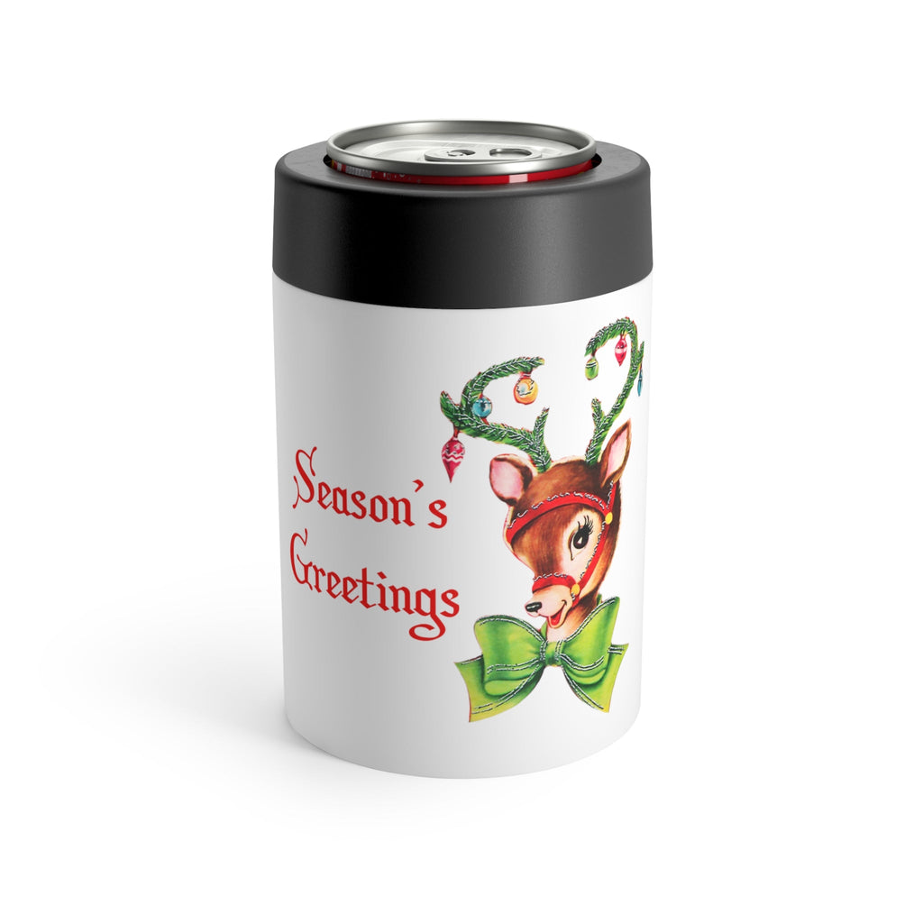 Season's Greetings Reindeer Ornaments Mid Century Retro Christmas Print Stainless Steel Can Holder