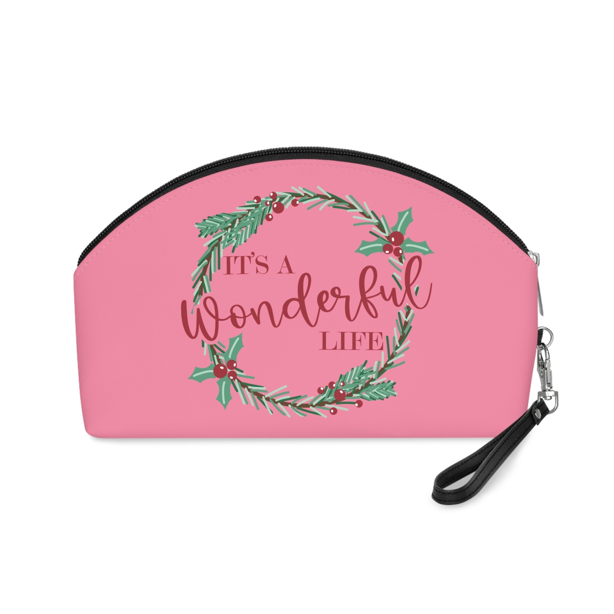 It's A Wonderful Life Christmas Wreath Pink Makeup Bag