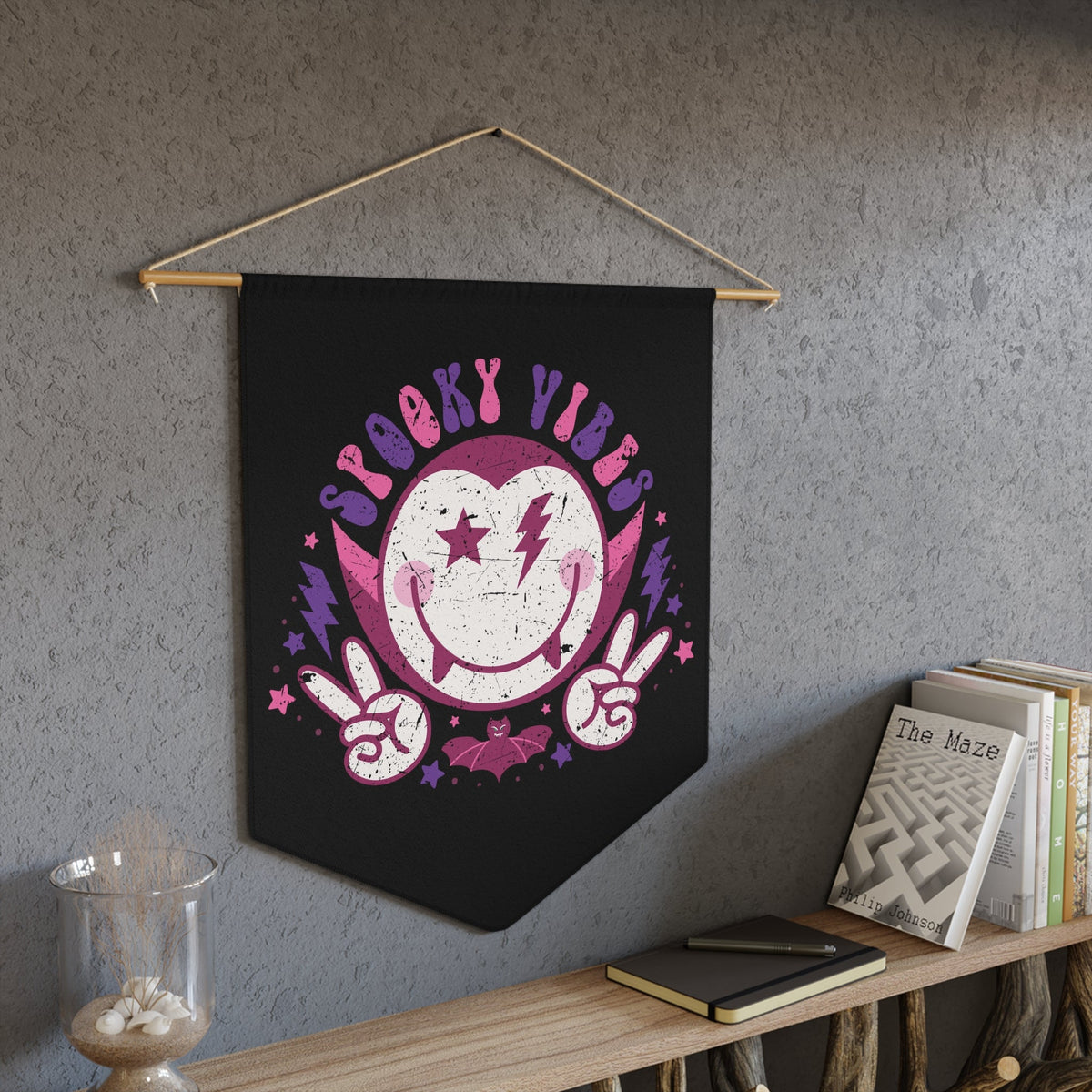Spooky Vibes Cute Dracula Vampire Halloween Black Decor Print Wall Hanging Banner Flag