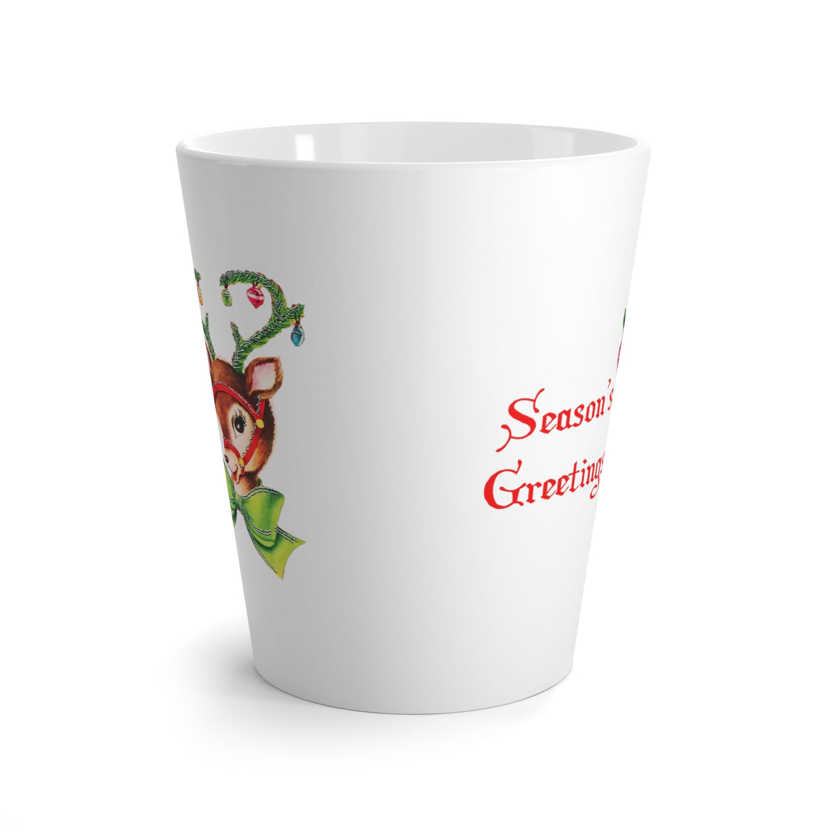 Season's Greetings Reindeer With Ornaments Mid Century Retro Christmas Print Latte Coffee Mug