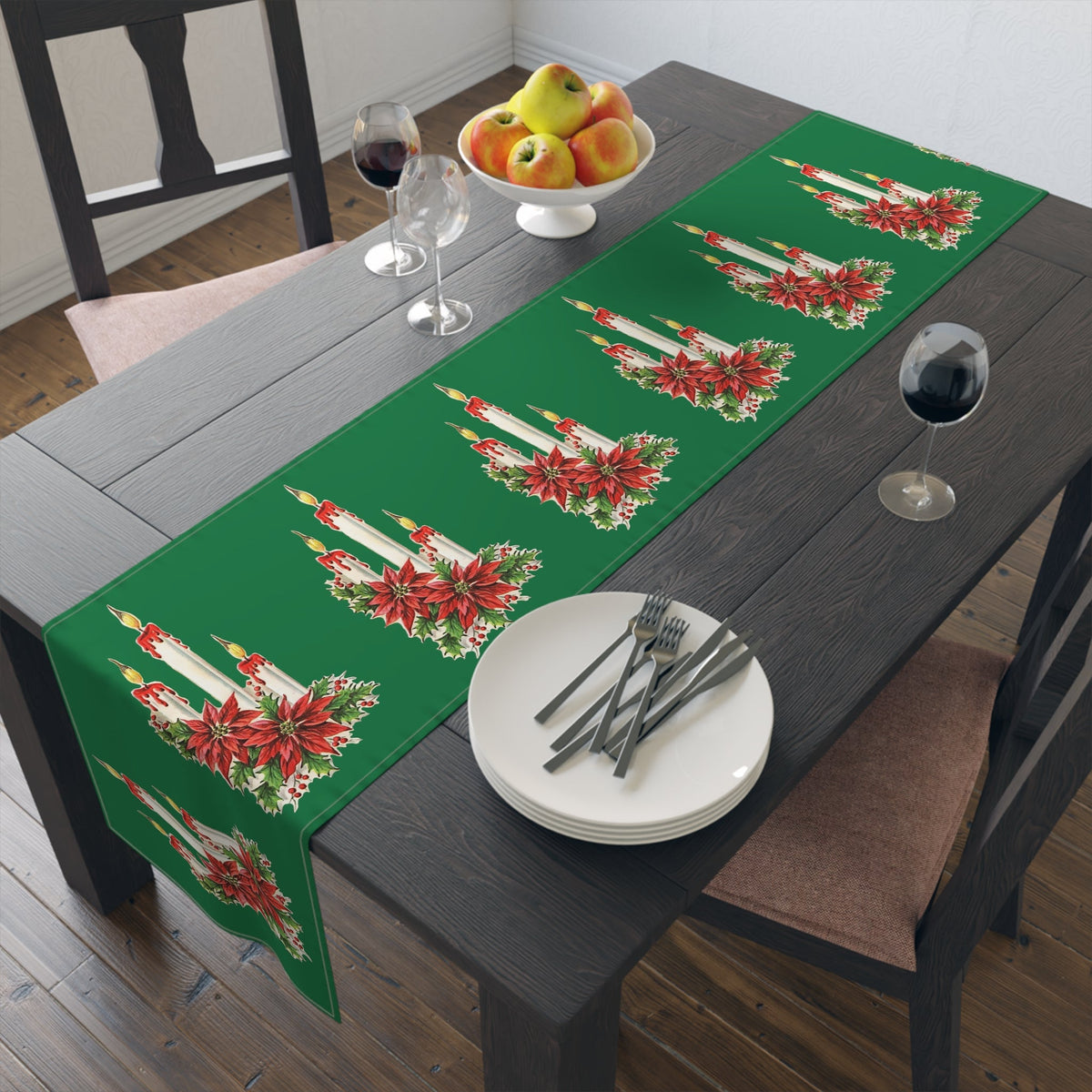 Christmas Candles Retro Christmas Print Home Decor Cotton Poly Table Runner