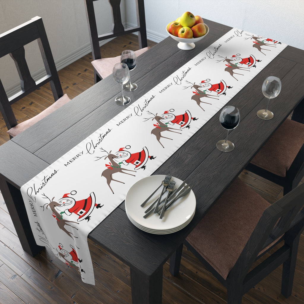 Merry Christmas Santa With Reindeer Mid Century Retro Style Christmas Decor Red Cotton Poly Table Runner