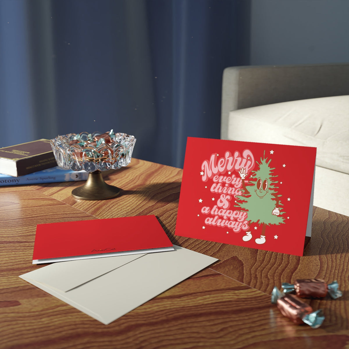 Merry Everything And Happy Always Christmas Tree Retro Style Matte Greeting Cards (8, 16, and 24 pcs)