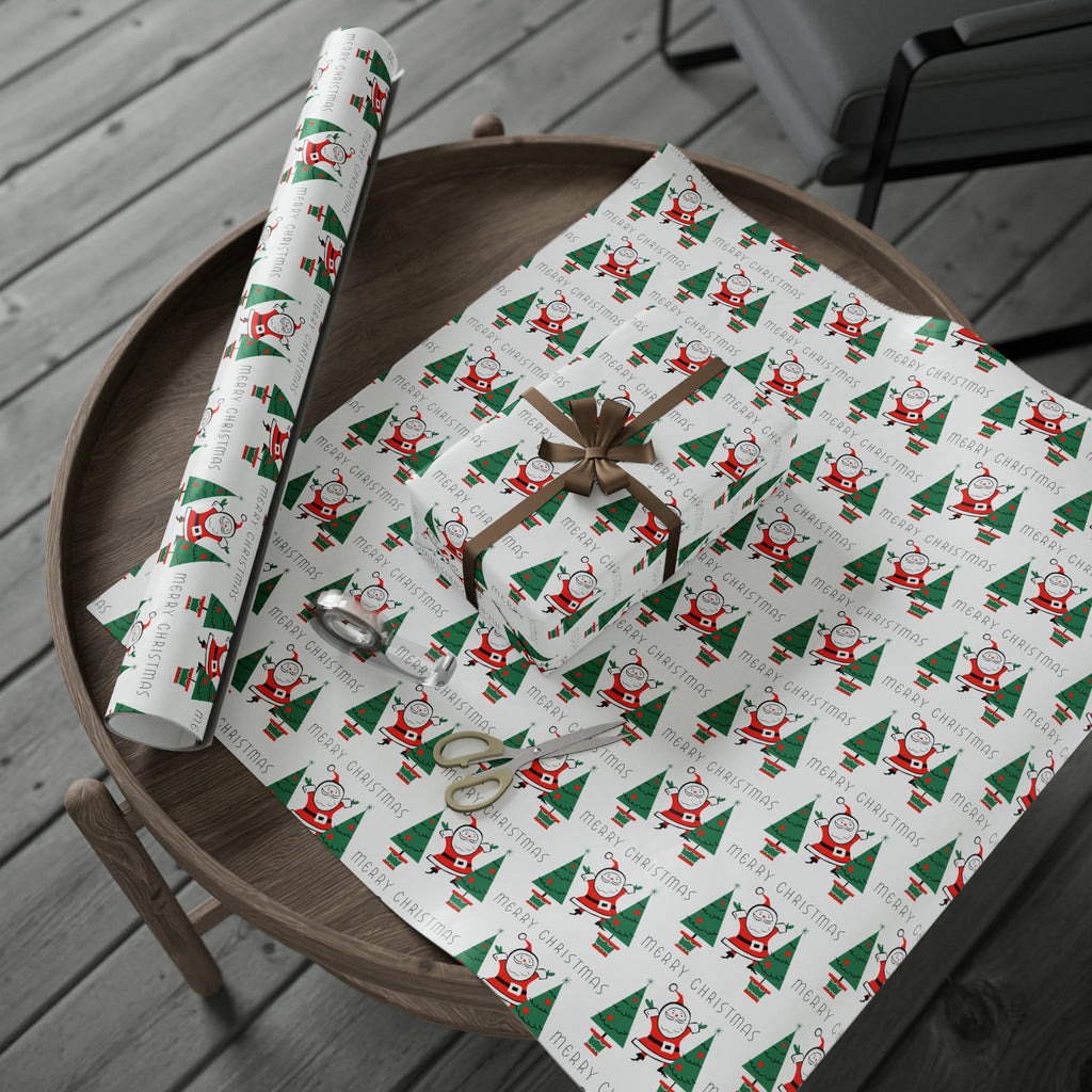 Merry Christmas Santa Christmas Trees Mid Century Retro Christmas Print Holiday Gift Wrap Paper - Glossy Or Matte