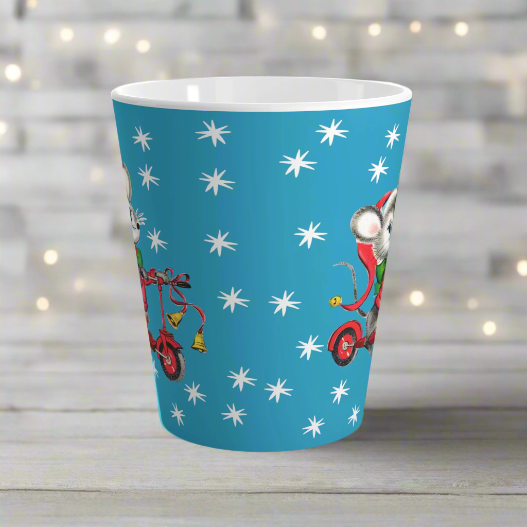 Christmas Mouse On Scooter Stars Blue Mid Century Retro Christmas Print Latte Coffee Mug