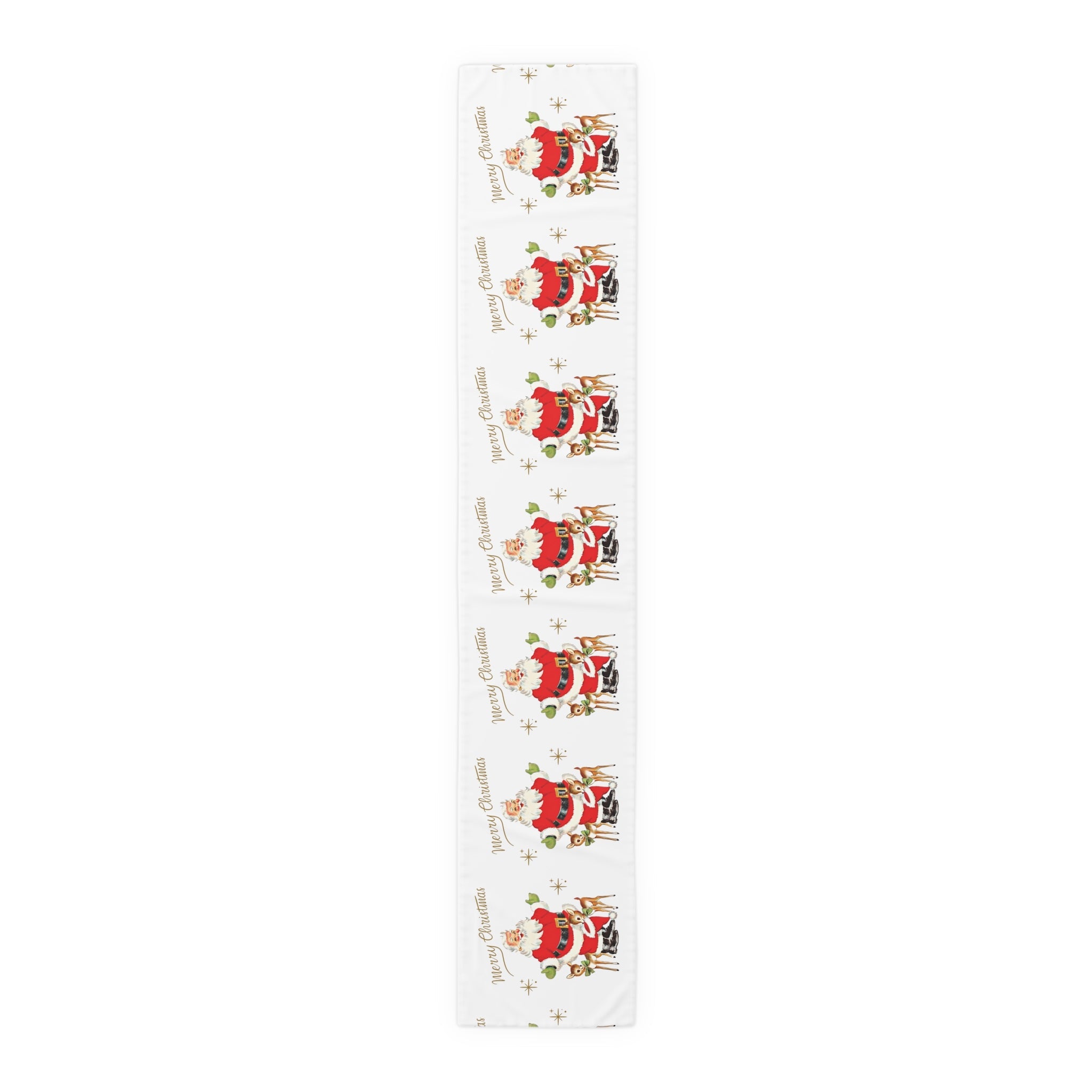 Merry Christmas Santa Reindeer Gold Stars Retro Christmas Table Runner