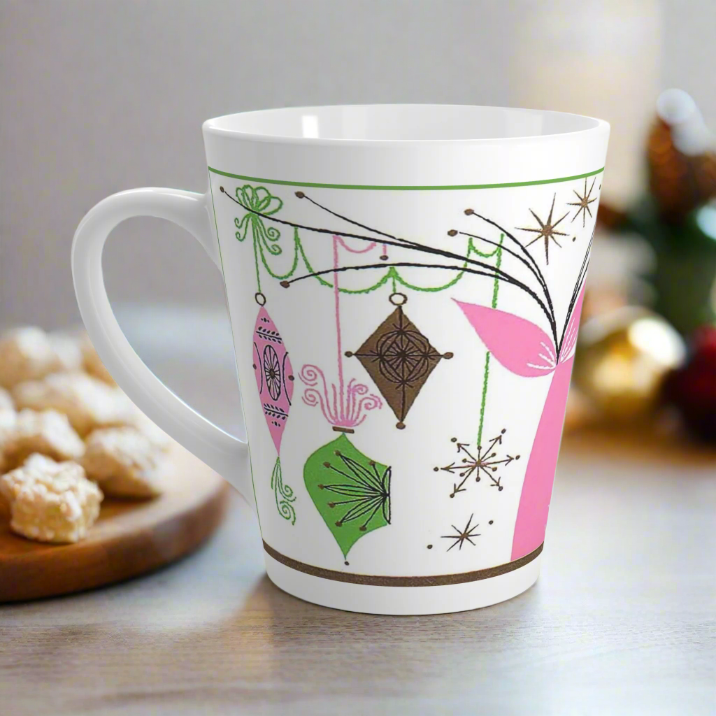 Pink Reindeer With Ornaments Mid Century Retro Christmas Print Latte Coffee Mug