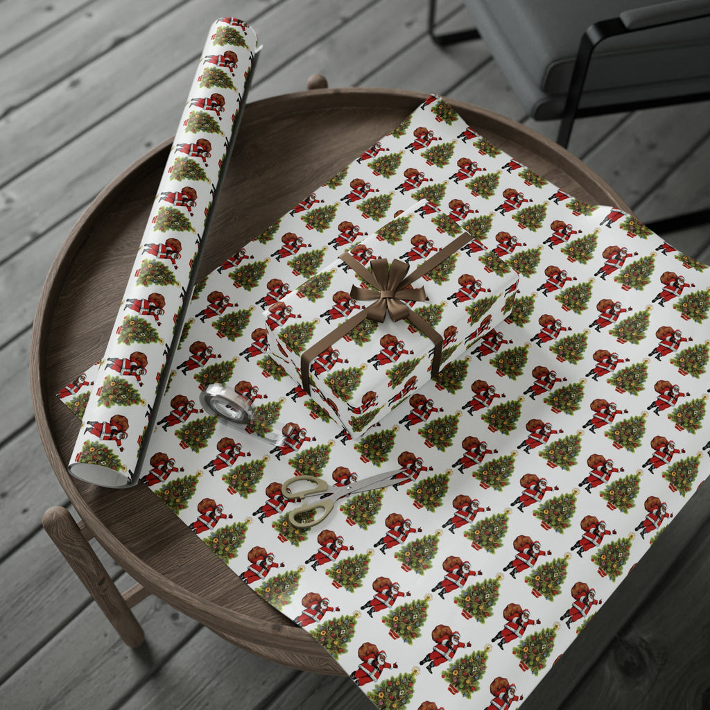 Santa With Christmas Tree Mid Century Retro Christmas Print Holiday Gift Wrap Paper - Glossy Or Matte
