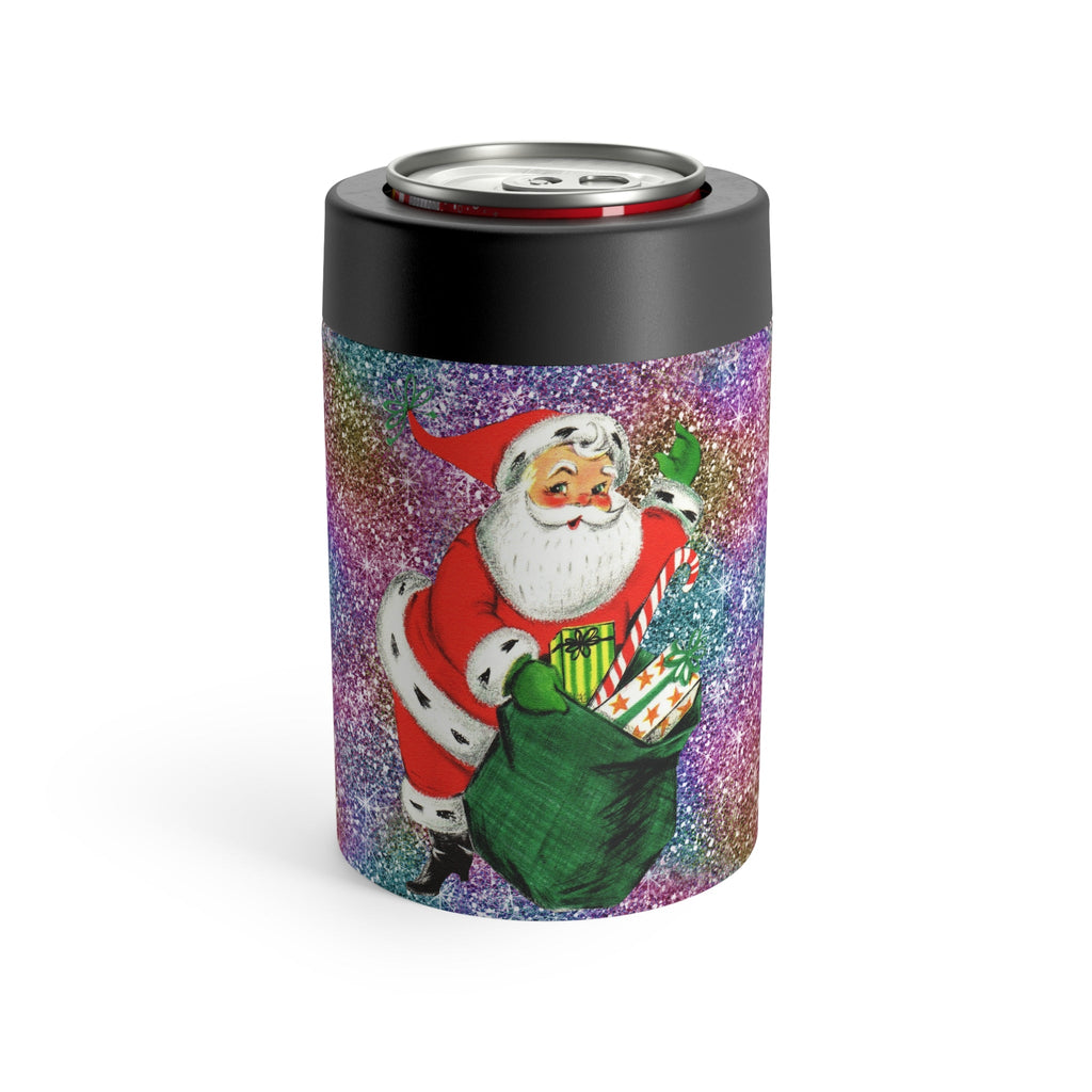 Santa With His Sack Of Presents Glitter Background Mid Century Retro Christmas Print Stainless Steel Can Holder