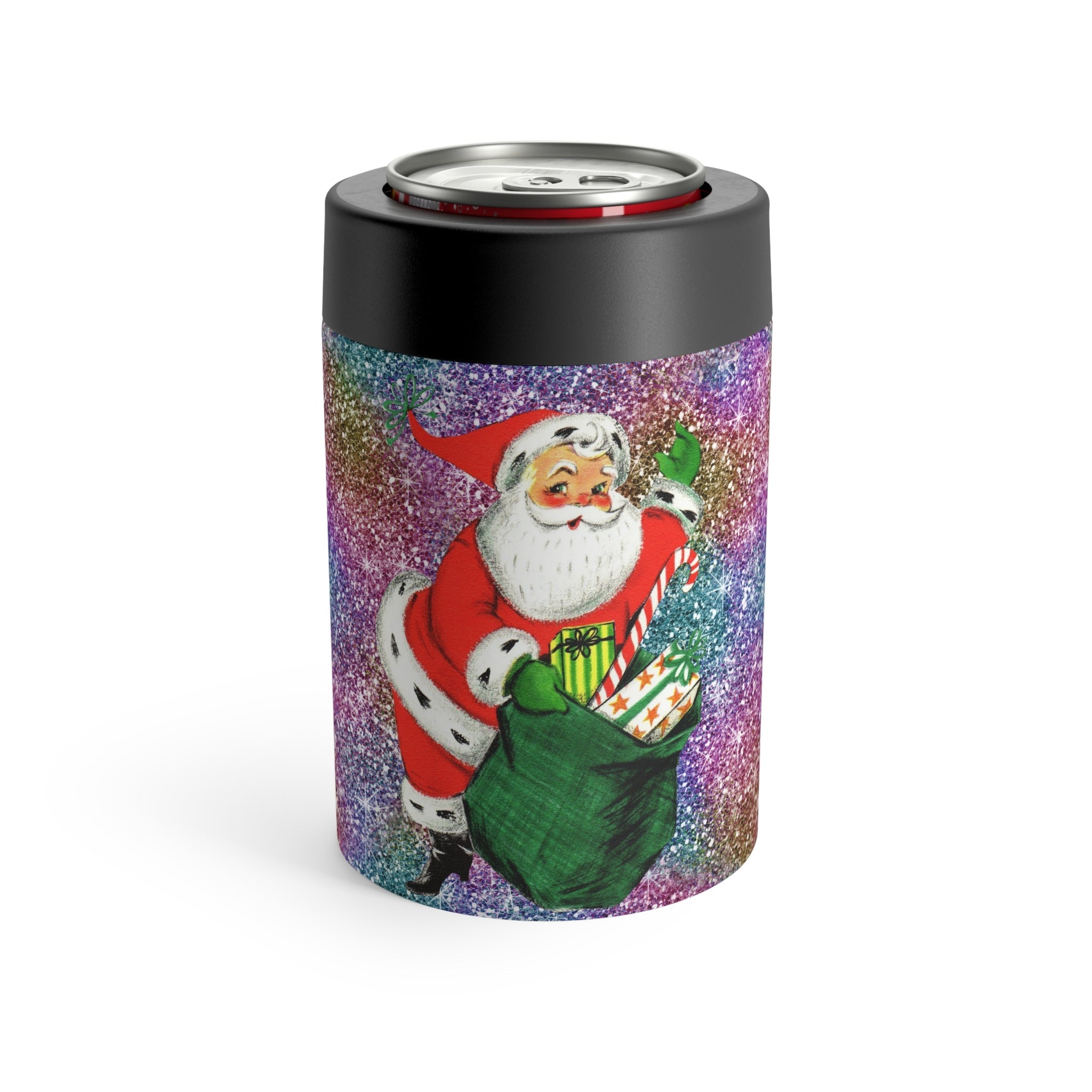 Santa With His Sack Of Presents Glitter Background Mid Century Retro Christmas Print Stainless Steel Can Holder