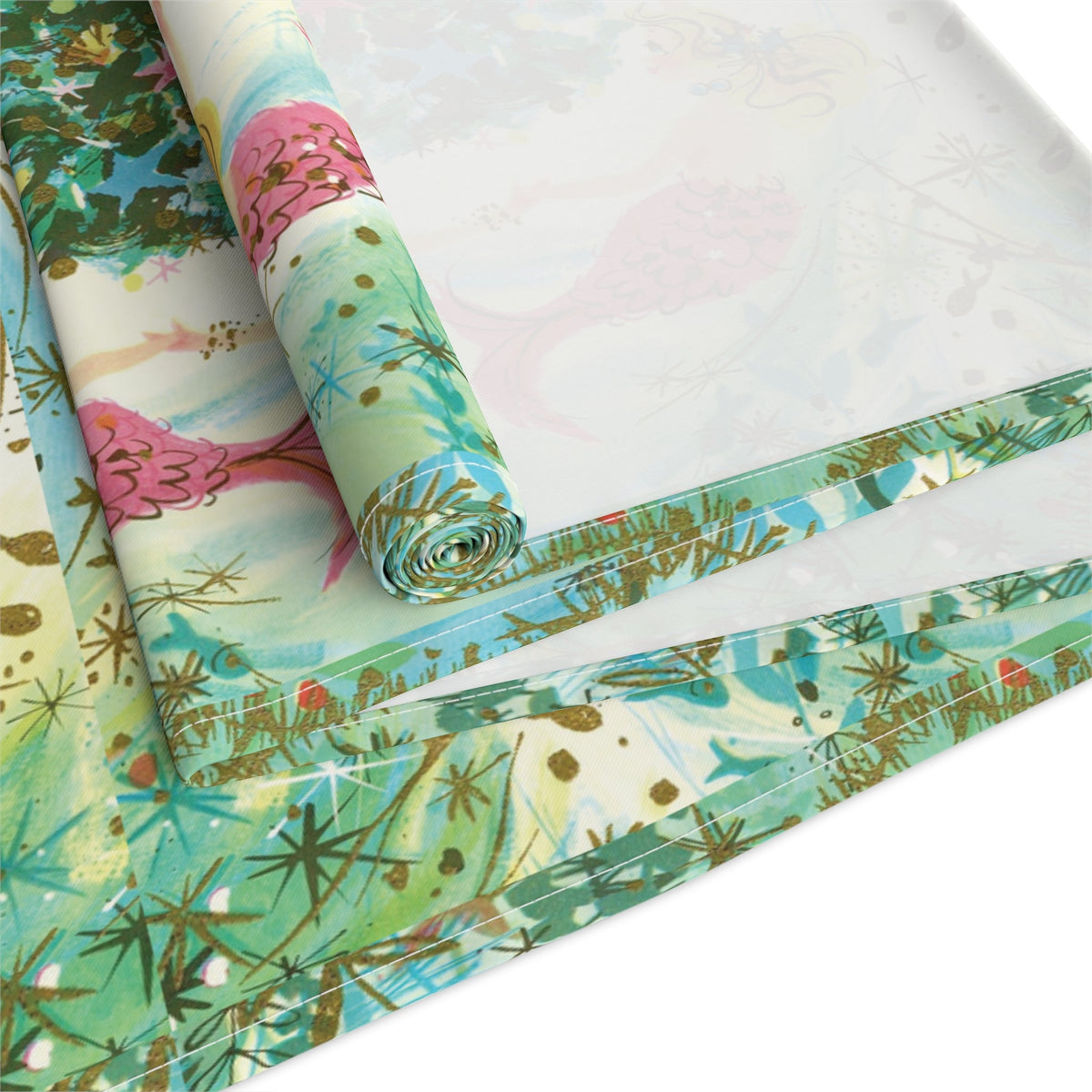 Mermaids Under The Sea Around The Christmas Tree Retro Polyester Table Runner