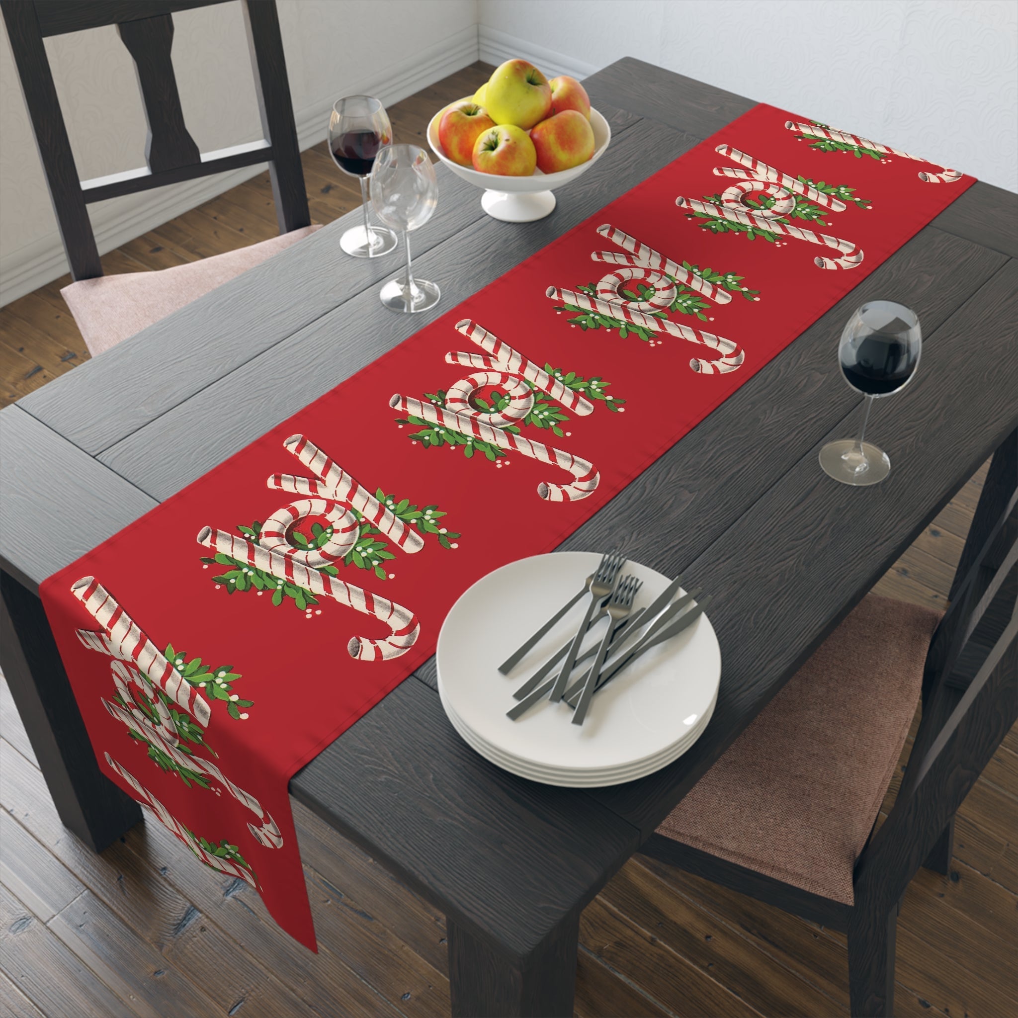 Joy Candy Canes Retro Christmas Table Runner Polyester Fabric Linen Cloth Unique Cozy Cute Midcentury Vintage Dining Kitchen Decor