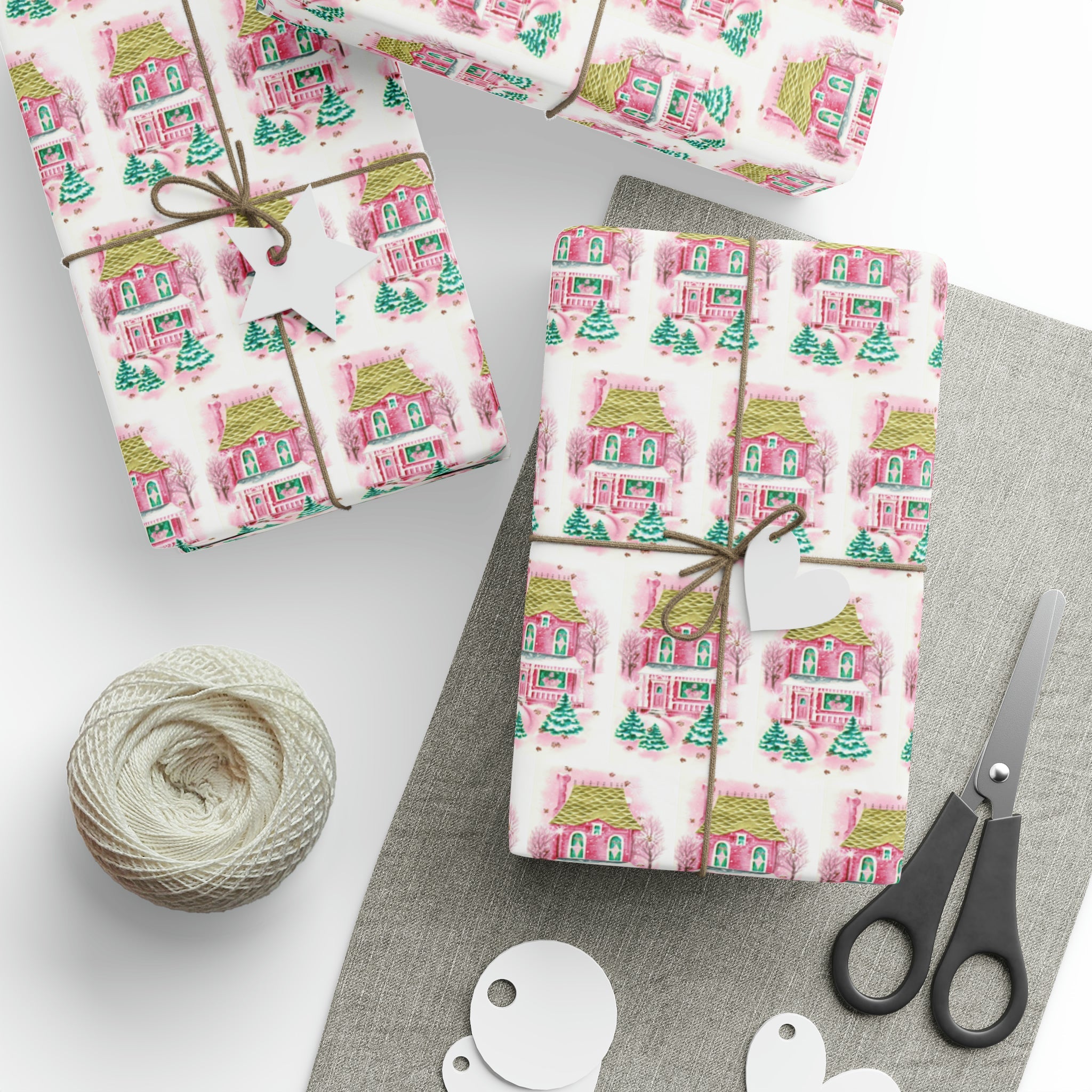 Pink Christmas House Mid Century Retro Christmas Print Holiday Gift Wrap Paper - Glossy Or Matte