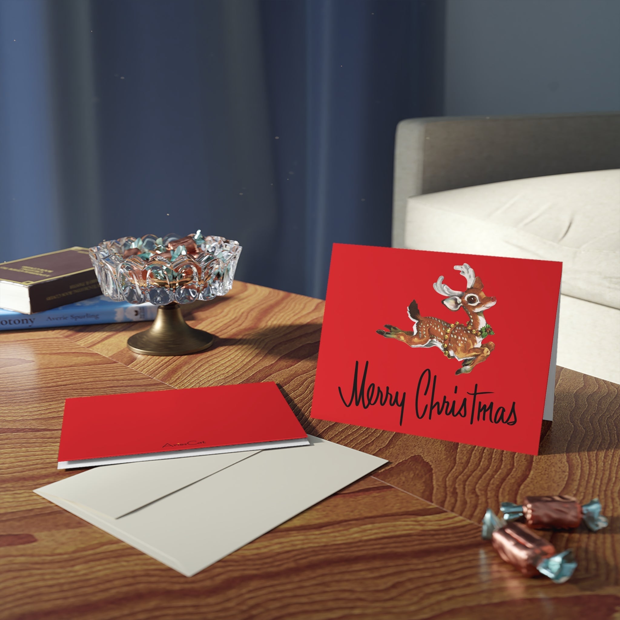 Merry Christmas Leaping Reindeer Mid Century Retro Christmas Print Matte Greeting Cards (8, 16, and 24 pcs)