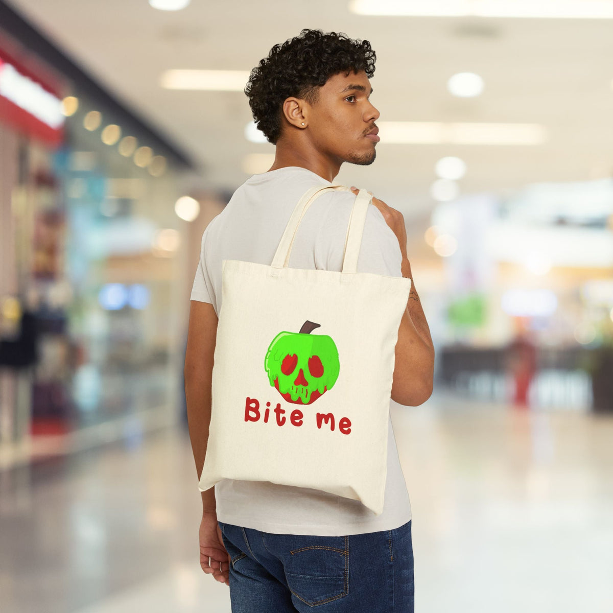 Bite Me Poison Apple Snow White Evil Queen Cotton Canvas Halloween Tote Bag