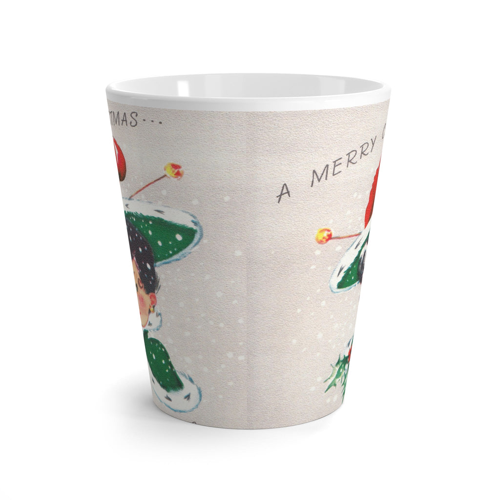 Merry Christmas Lady In Winter Hat And Coat With Holly Retro Christmas Print Latte Coffee Mug
