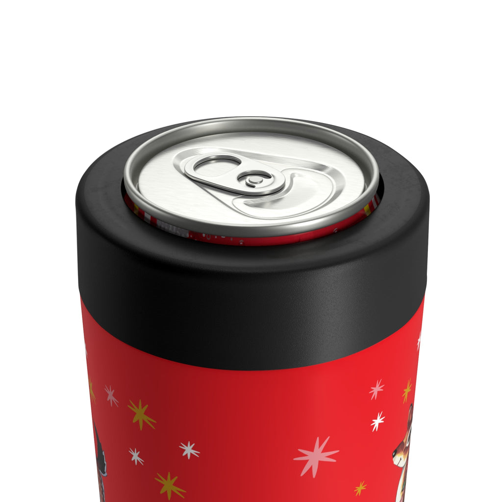 Reindeer Stars Mid Century Red Retro Christmas Print Stainless Steel Can Holder
