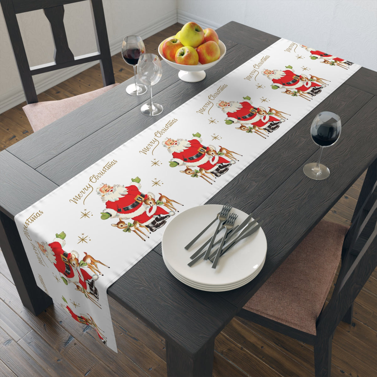 Merry Christmas Santa Reindeer Gold Stars Retro Christmas Table Runner
