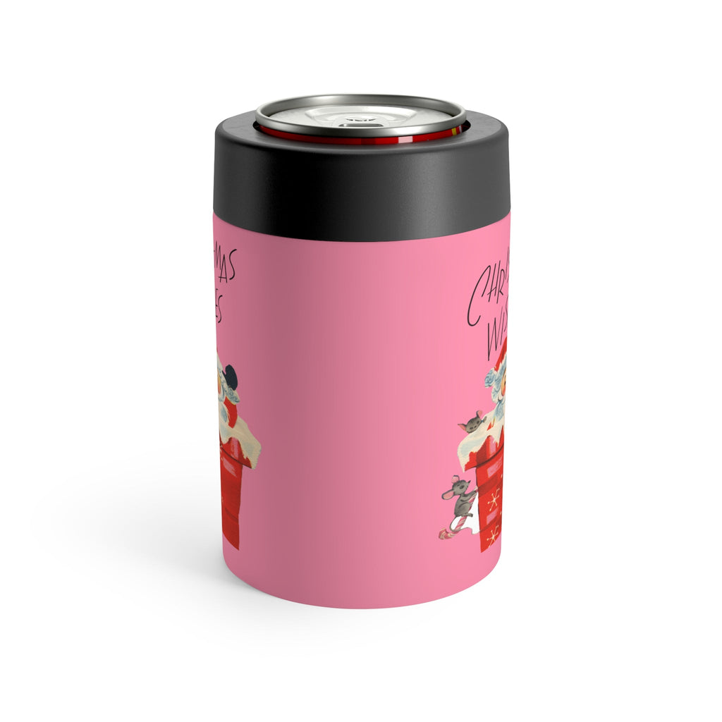 Christmas Wishes Santa In Chimney With Mice Pink Mid Century Retro Christmas Print Stainless Steel Can Holder