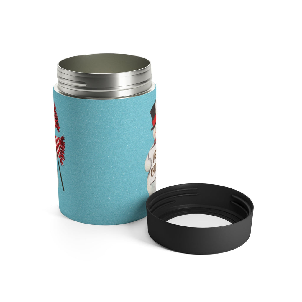 Merry Christmas Snowman Blue Background Mid Century Retro Christmas Print Stainless Steel Can Holder