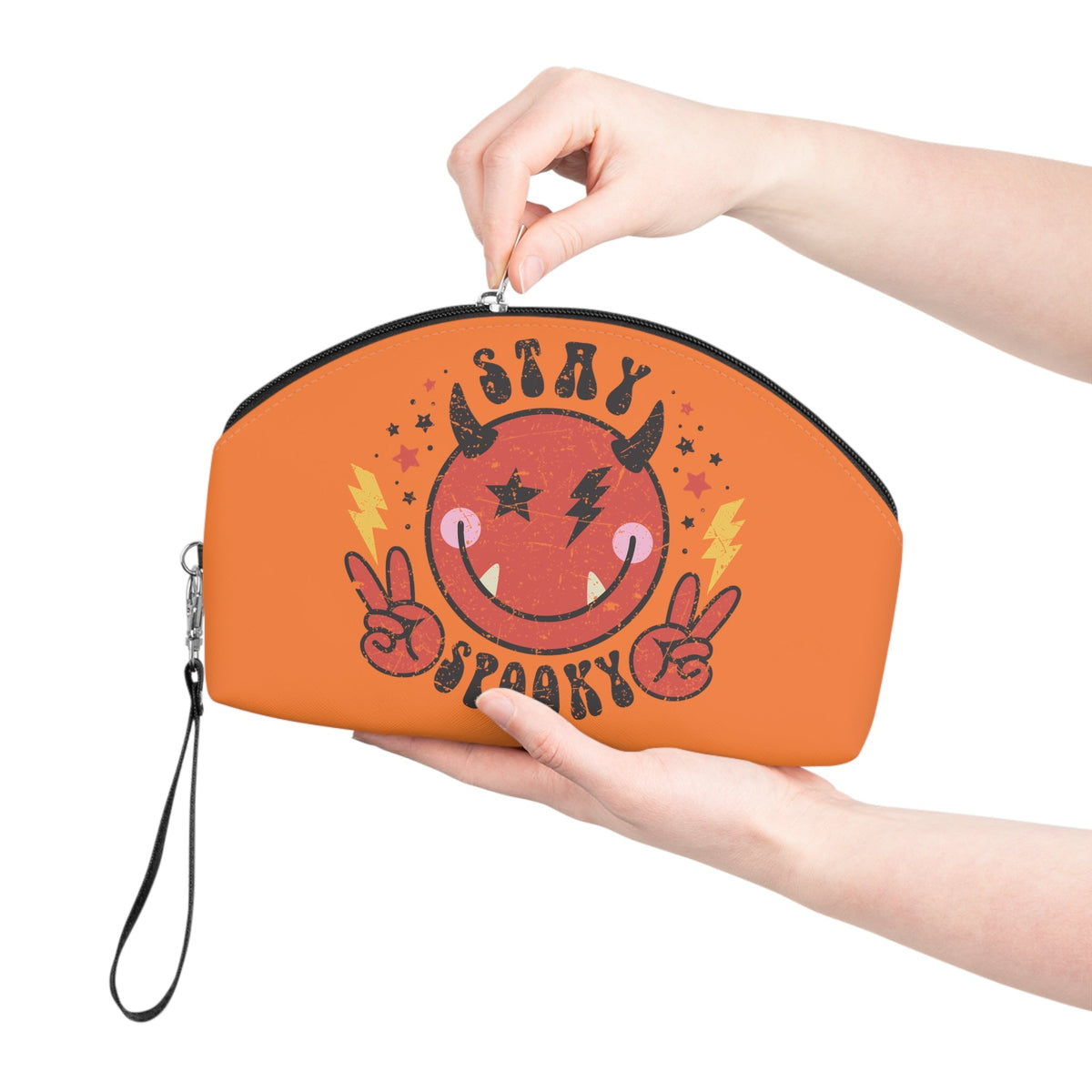Stay Spooky Cute Devil Orange Halloween Travel Cosmetic Makeup Bag