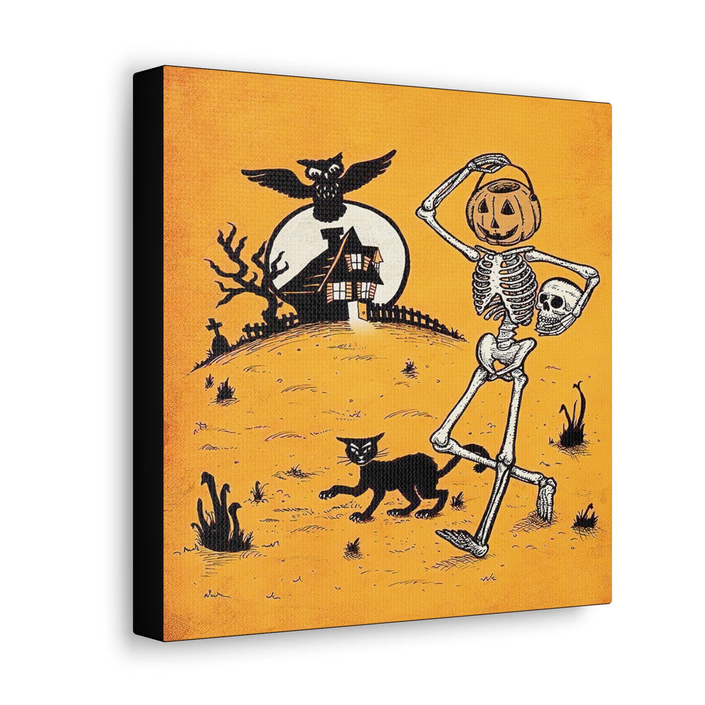 Skeleton Jack O Lantern Black Cat Owls Retro Halloween Vintage Art Canvas Gallery Wrap